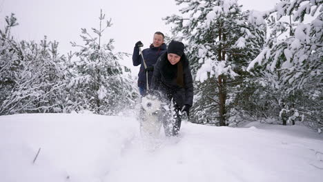 Man-and-woman-have-fun-walking-with-Siberian-husky-in-winter-forest-playing-and-throwing-snow-in-slow-motion
